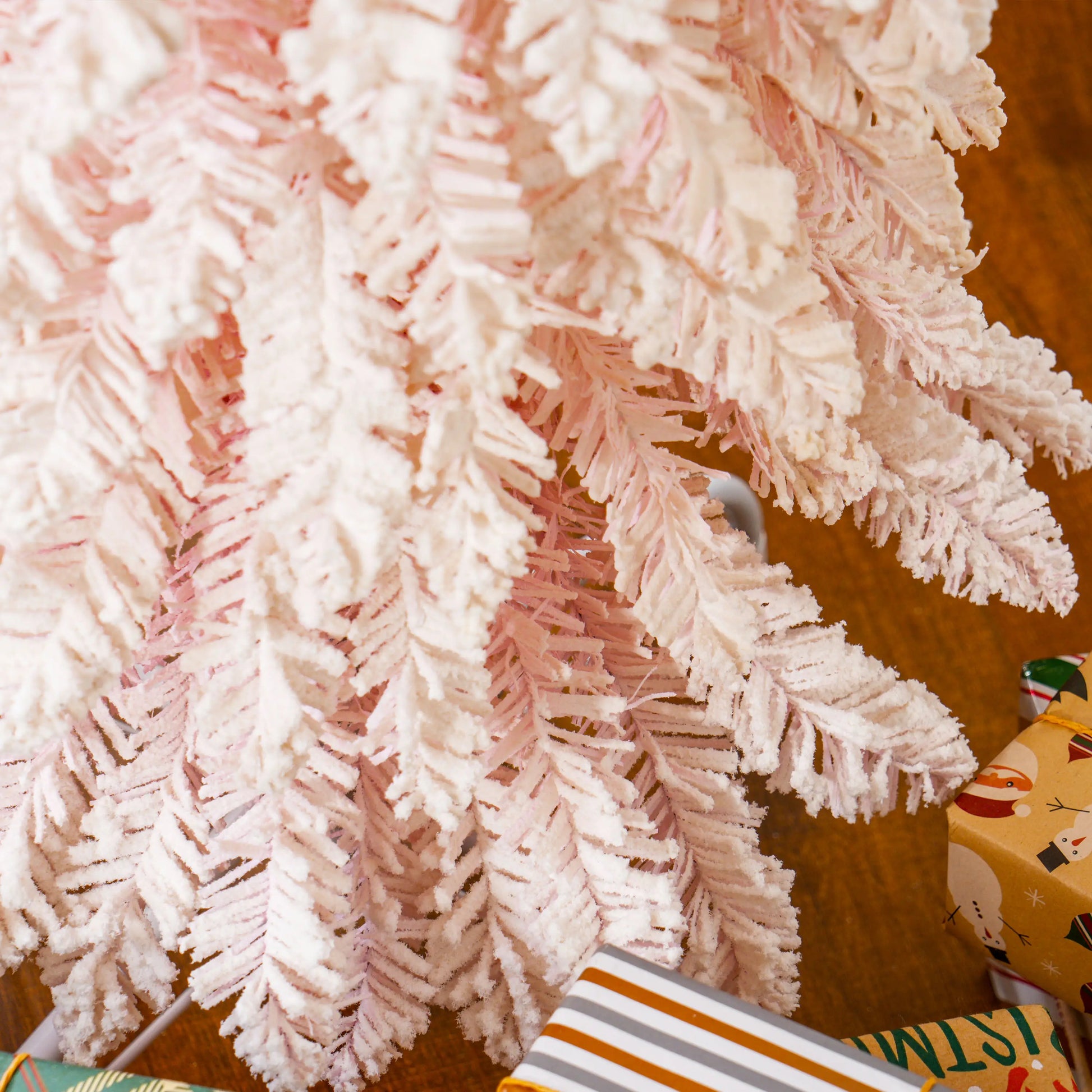 6ft Snow-Flocked Slim Pencil Christmas Tree, 395 Branches, Metal Base, Pink Pencil Christmas Trees at Gallery Canada