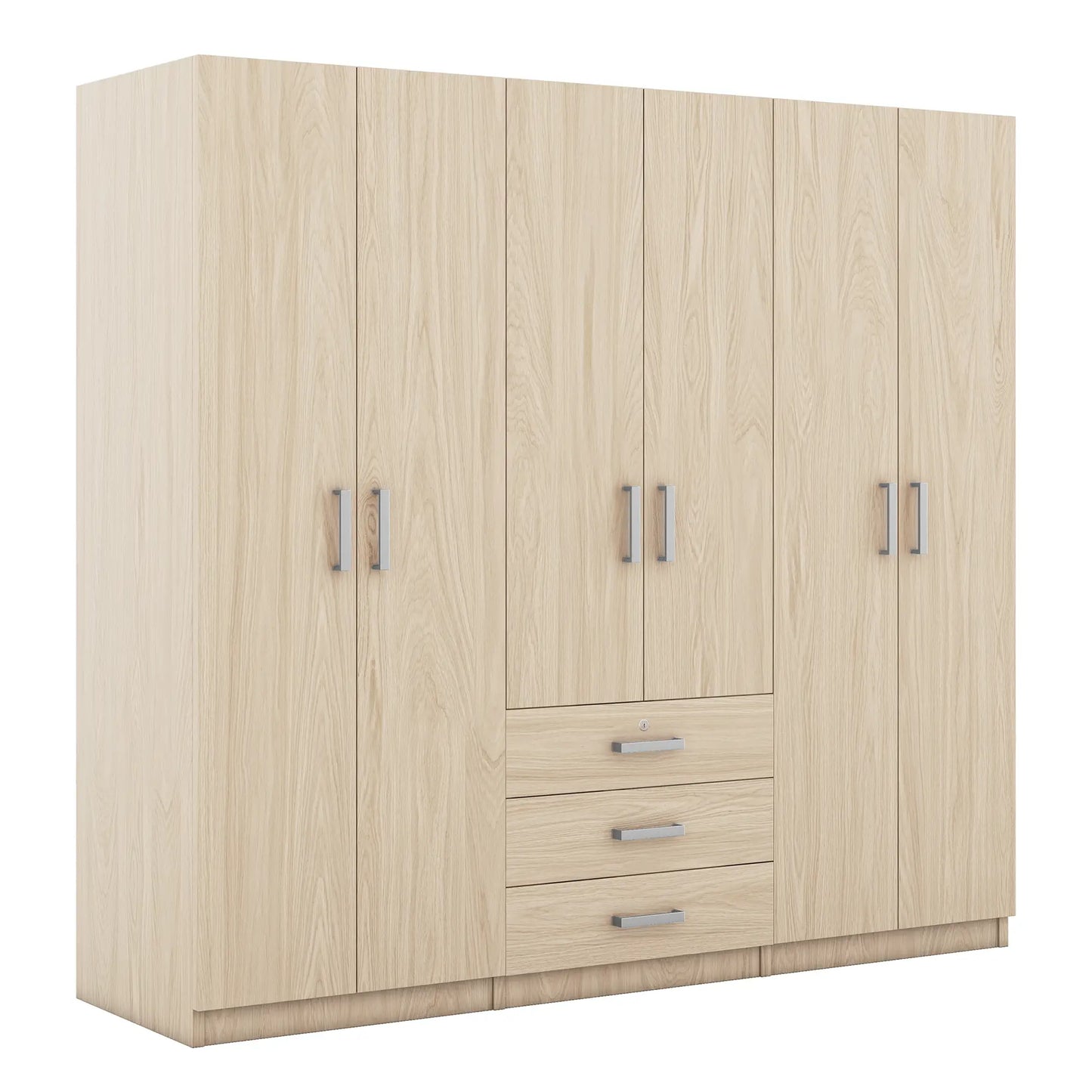 Wooden Wardrobe, 3 Drawers, MDF, Silver Handles, 71" L x 19" W x 68" H, Natural Clothing Storage at Gallery Canada