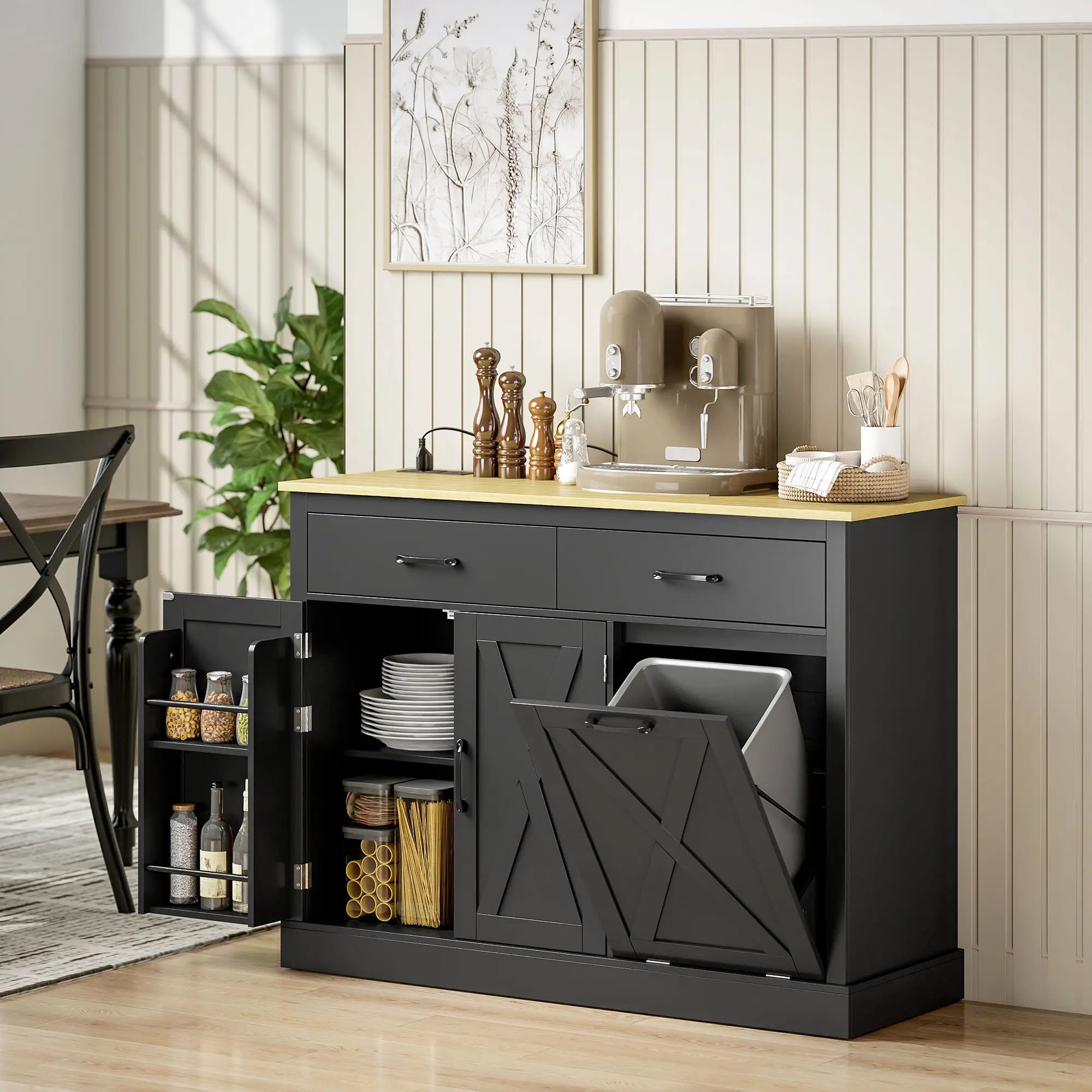 7 Gallon Tilt Out Garbage Cabinet, Kitchen Island With Charging Station, Black Storage Cabinets at Gallery Canada