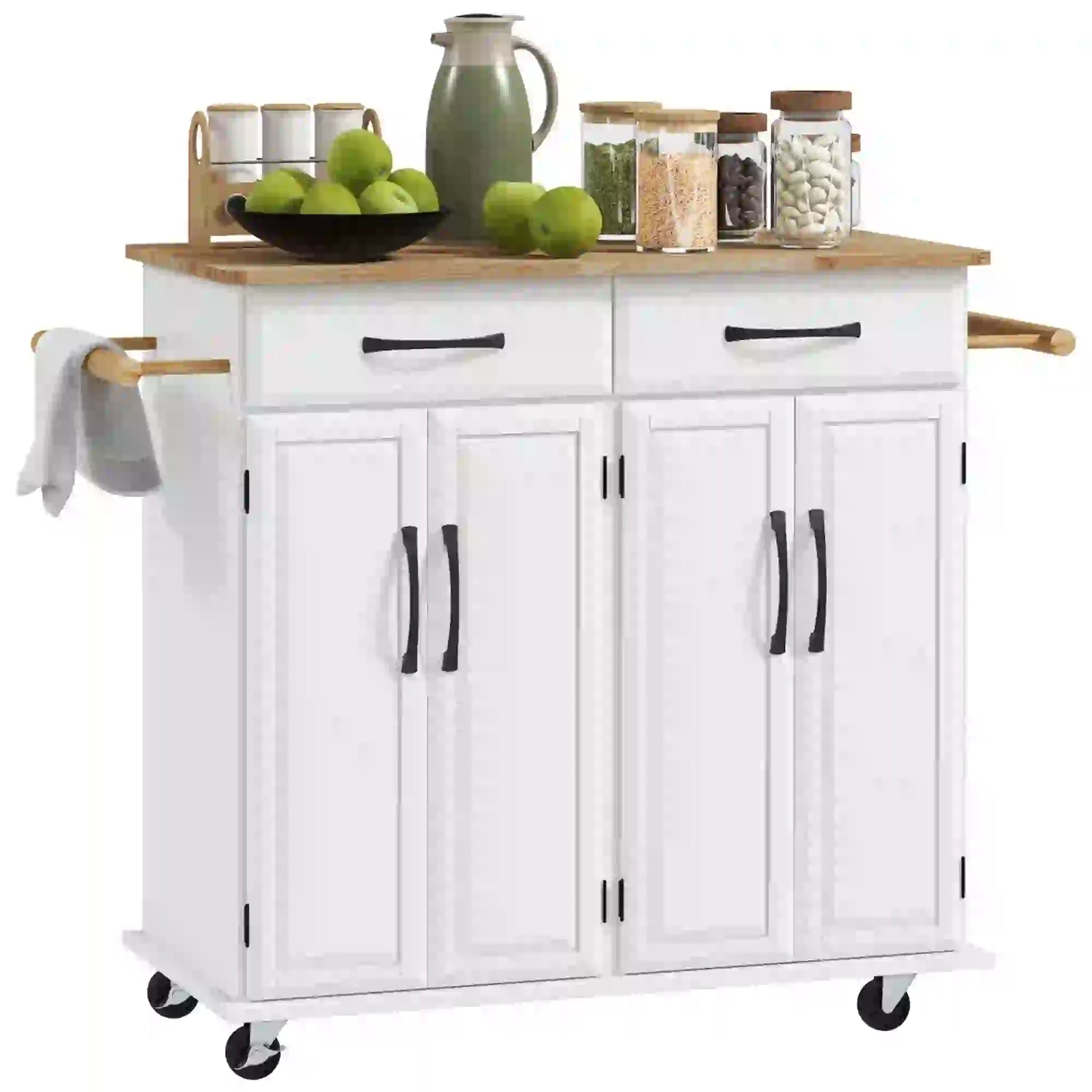 Kitchen Island on Wheels, Rubberwood Top, 2 Drawers, 4 Doors, Adjustable Shelves Kitchen Islands & Kitchen Carts at Gallery Canada