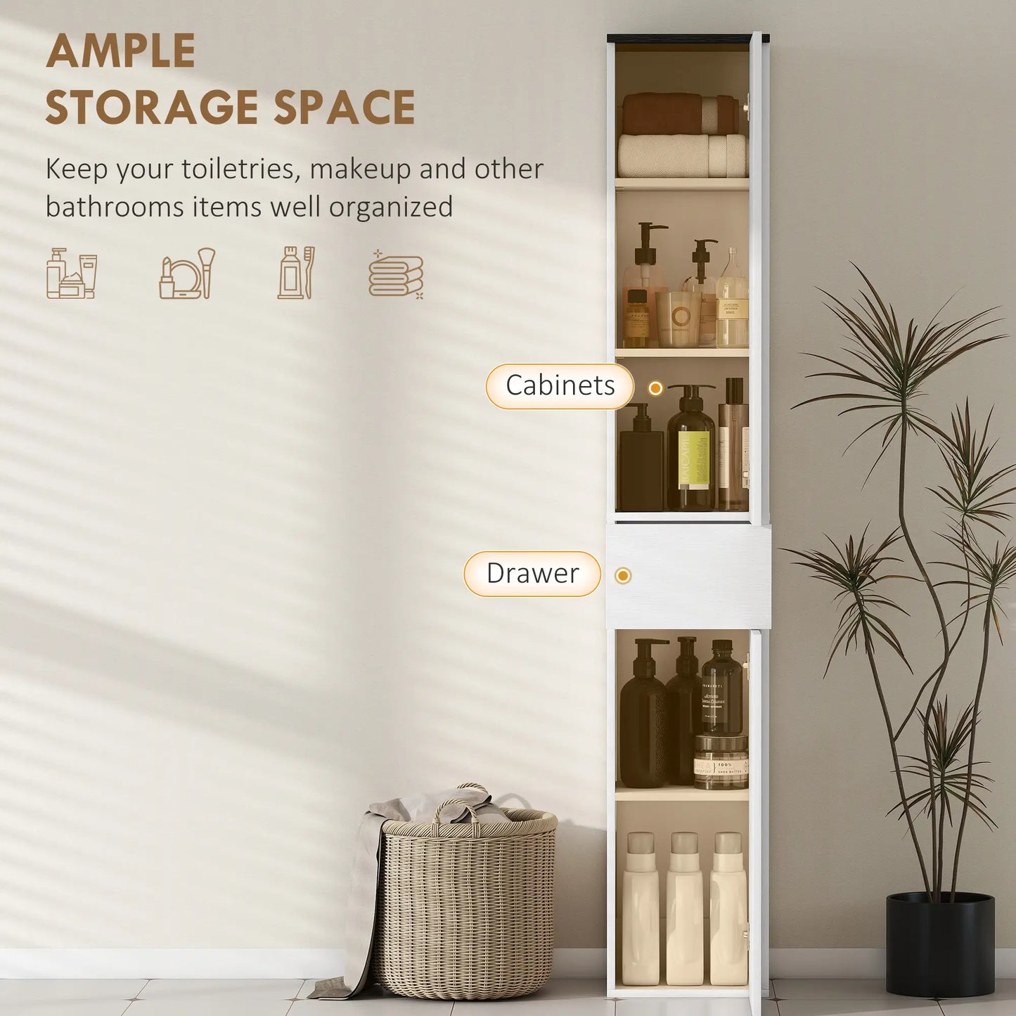 Tall Bathroom Cabinet, 2 Cupboards And Drawer, Adjustable Shelves, White