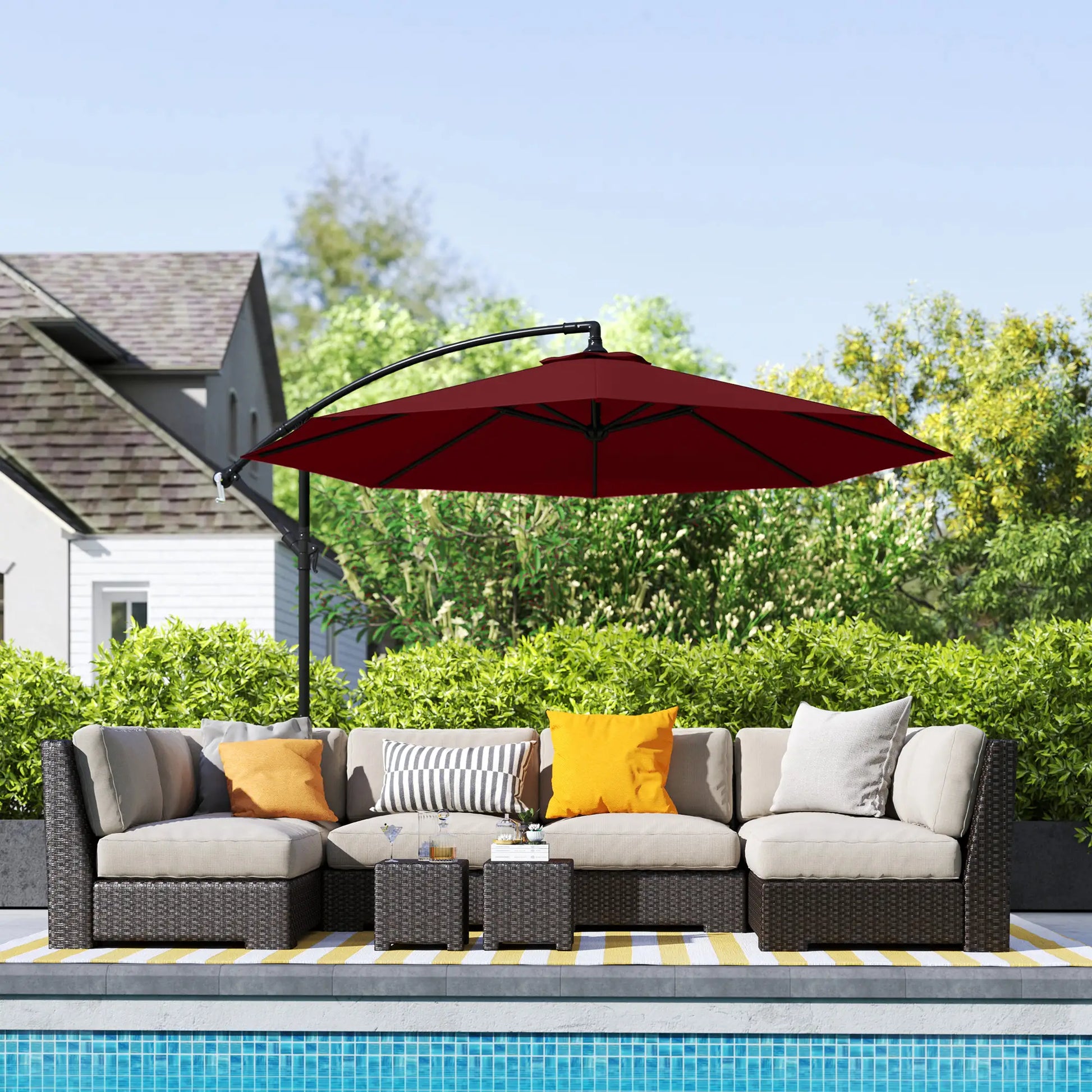 9.7ft Offset Patio Umbrella, Hanging Parasol, Crank, Wine Red Offset Cantilever Umbrellas at Gallery Canada