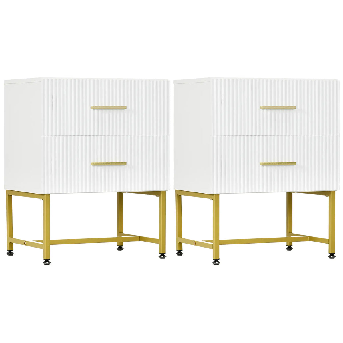 2 Nightstands with Storage, Modern Bedside Tables, 2 Fluted Drawers, Gold Legs, White Bedside Tables at Gallery Canada