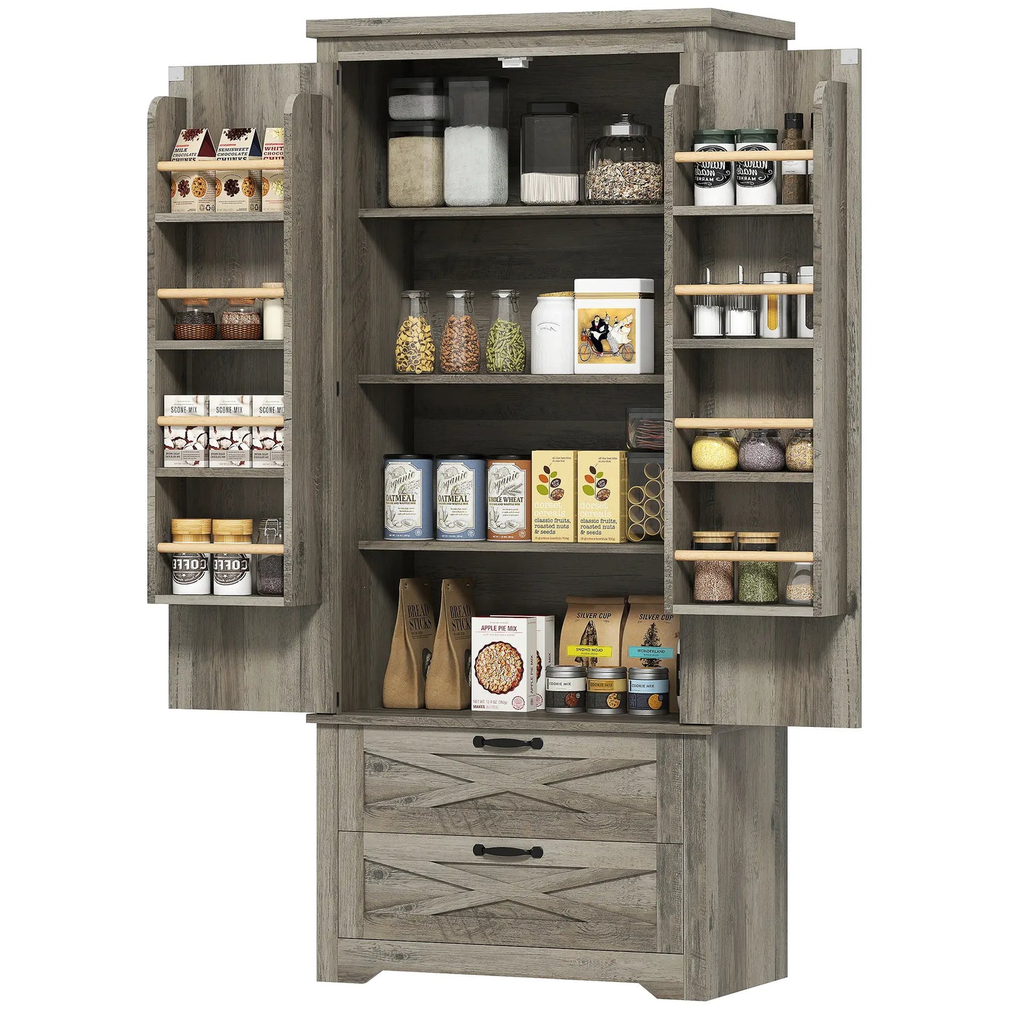 Farmhouse Kitchen Pantry Cabinet, 64" Freestanding with Drawers, Distressed Grey, Grey Kitchen Pantry Cabinets Distressed Grey at Gallery Canada