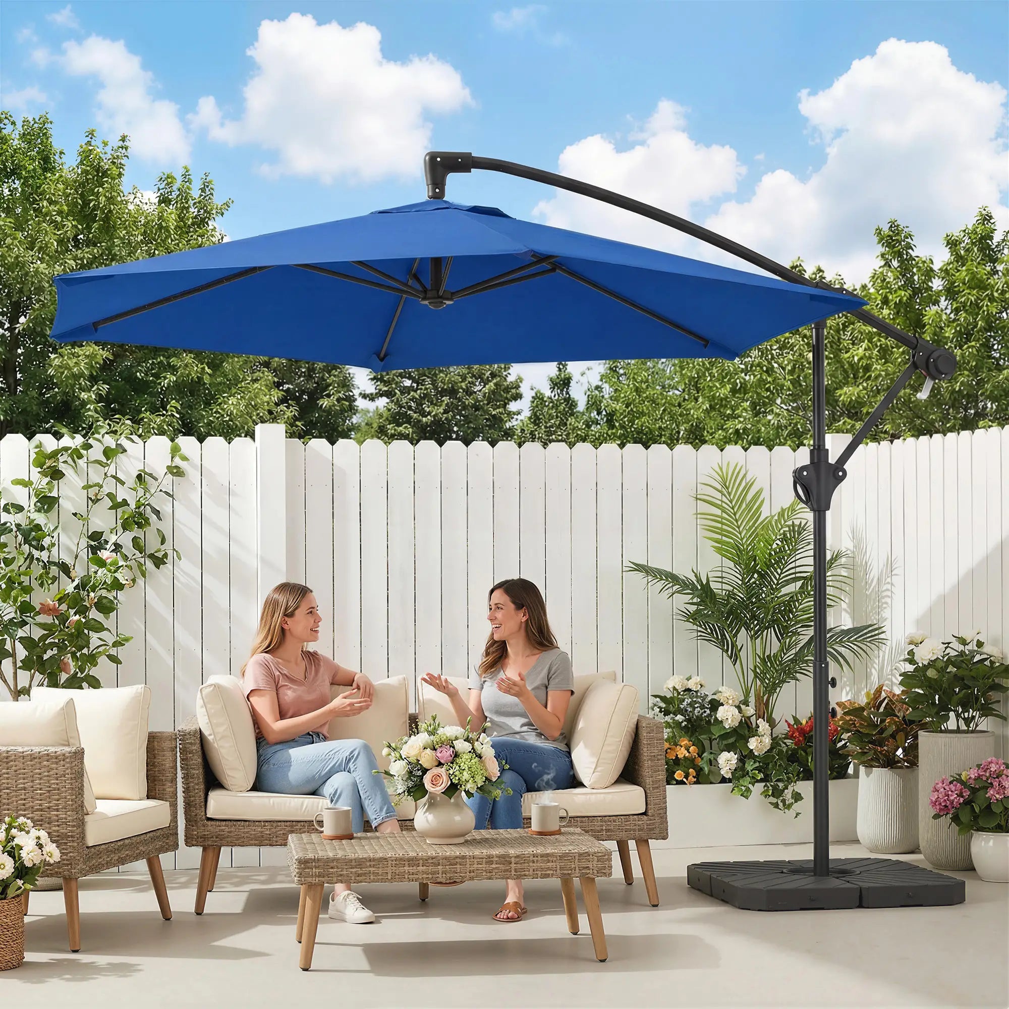 9.7 ft Offset Patio Umbrella, Water/Sand Fillable Weights, Navy Blue Offset Cantilever Umbrellas at Gallery Canada