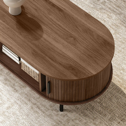 Coffee Table with Sliding Tambour Doors and Storage Center Table with Metal Legs, 39", Brown Coffee Tables at Gallery Canada