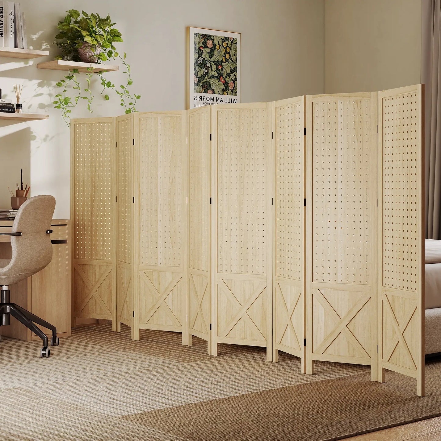 Wooden Room Divider With Pegboard Display, 8 Panel Folding Privacy Screen, Natural Wood Room Dividers at Gallery Canada