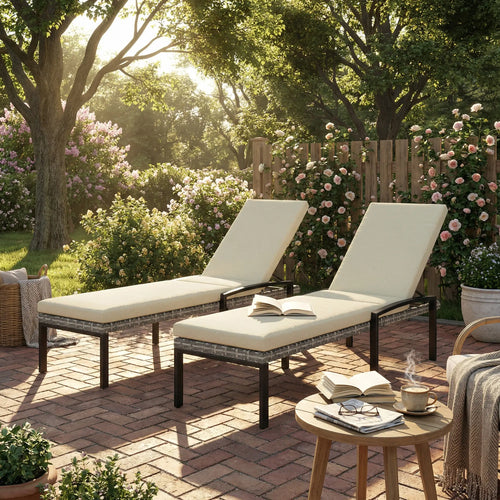 Outdoor Wicker Chaise Lounge Chairs, Set of 2, 5-Level Adjustable Backrest
