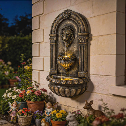 Wall Mounted 3 Tier Outdoor Fountain, Resin Waterfall With LED Lights, Rustic Brown Water Fountains at Gallery Canada