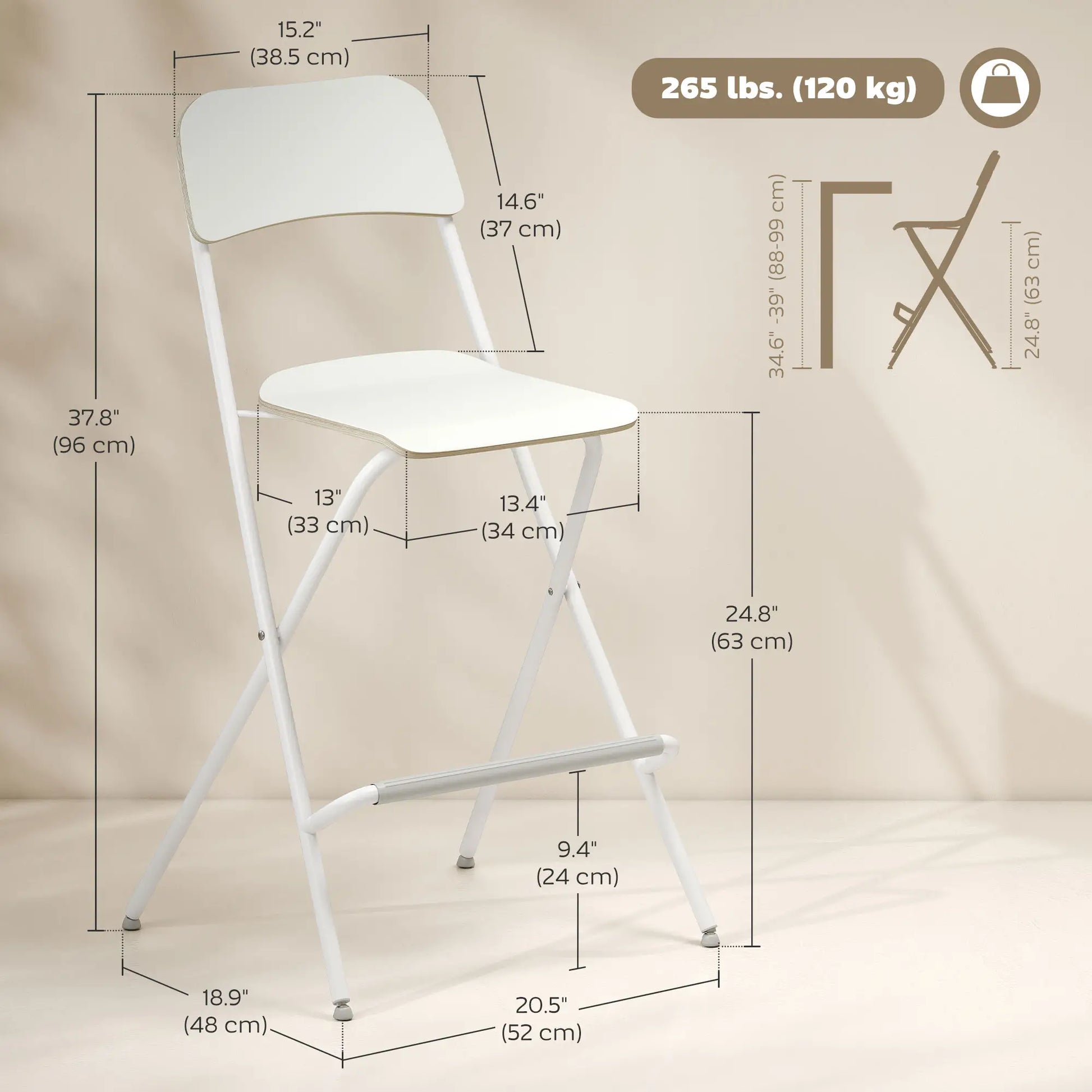 Folding Bar Stools Set of 2, Counter Height, Wooden Effect Seat, Steel Frame, White Bar Stools at Gallery Canada