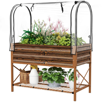 Metal Raised Garden Bed With Cover, 48 Inch, Dark Brown Elevated Garden Beds Dark Brown Wood Effect, Clear at Gallery Canada