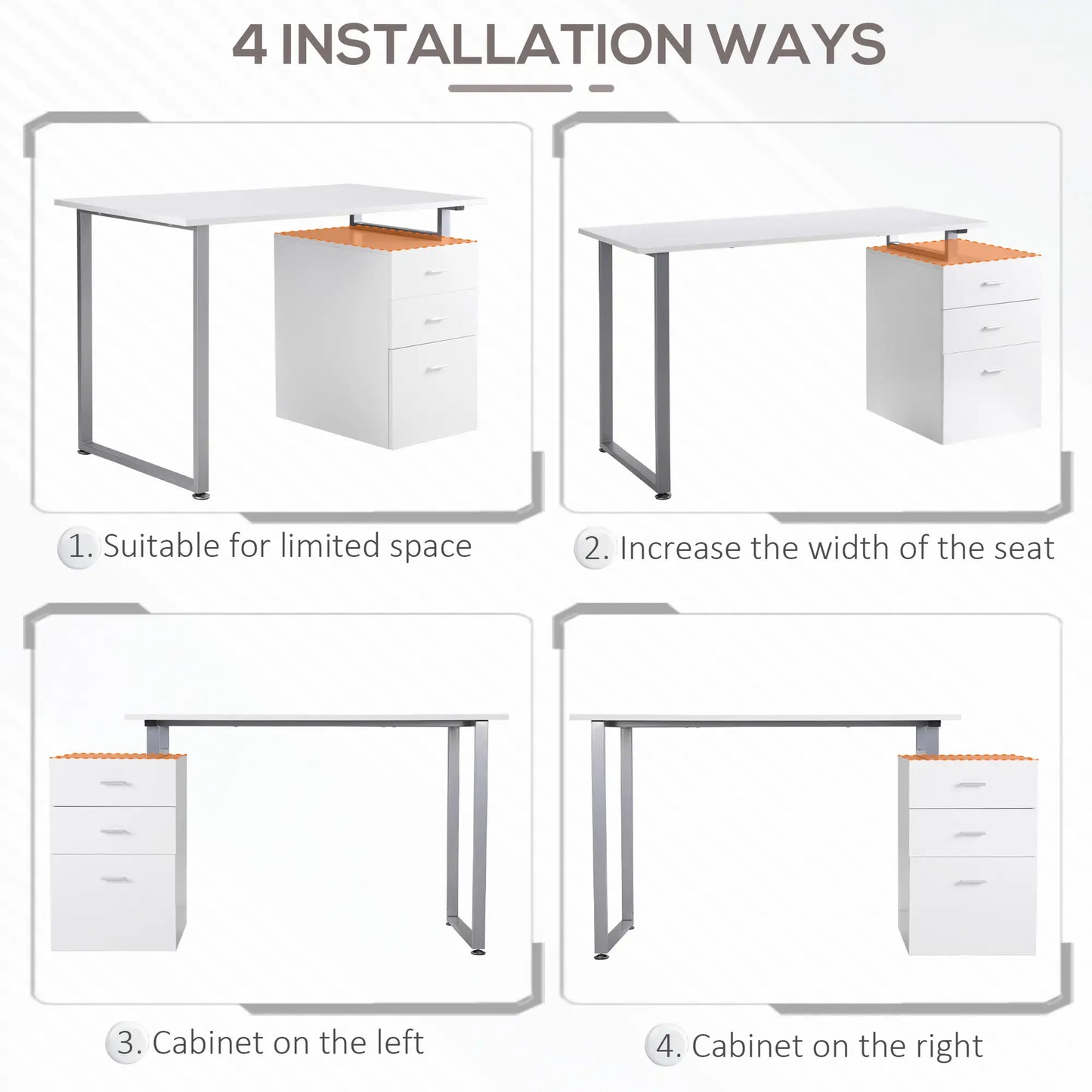 47" L Computer Desk, Metal Frame, Reversible File Drawers, White Writing Desks at Gallery Canada