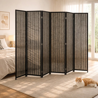 Folding Privacy Screen, 6 Panel Room Divider, Handwoven Bamboo, Black Room Dividers at Gallery Canada