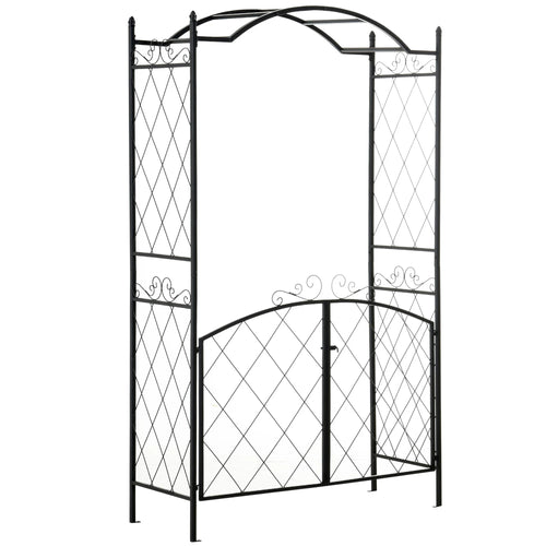 7FT Metal Garden Arch with Gate, Climbing Planter Frame, Black