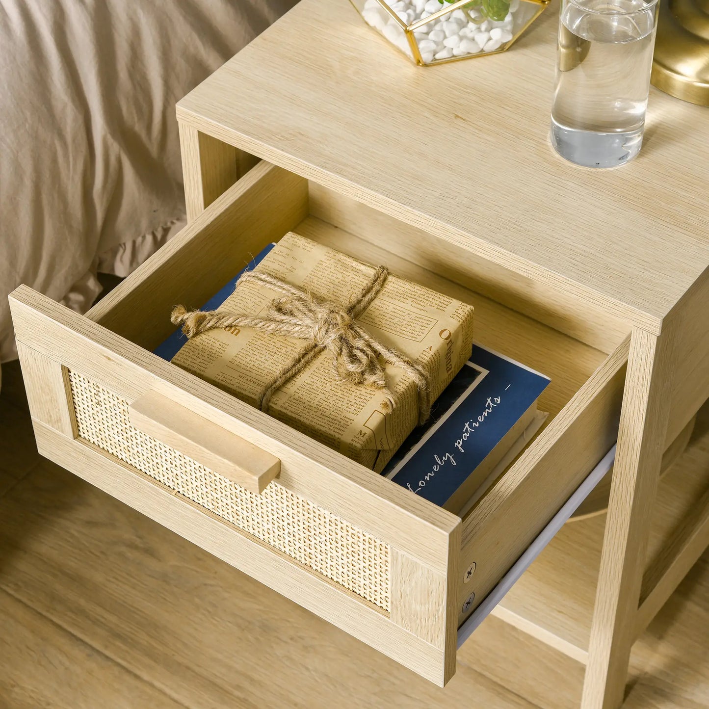 Narrow Nightstand with Rattan, Drawer, Storage Shelf, Natural Bedside Tables at Gallery Canada