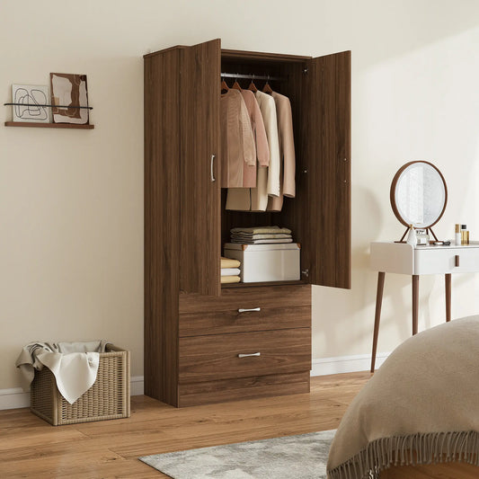 Wardrobe Closet, Hanging Rod, 2 Doors, 2 Drawers, Walnut Clothing Storage Walnut at Gallery Canada