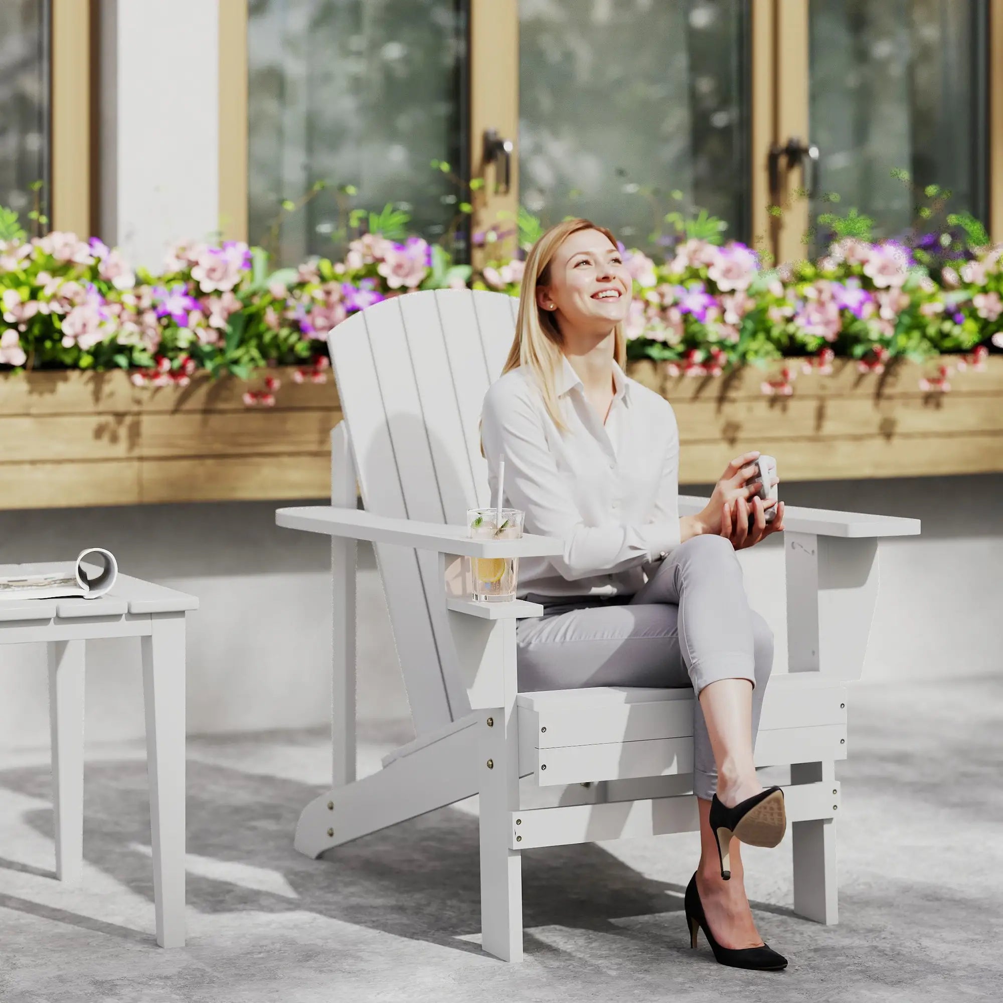 Classic Adirondack Chair, Garden Deck Chair with Cup Holder, White Patio Chairs at Gallery Canada