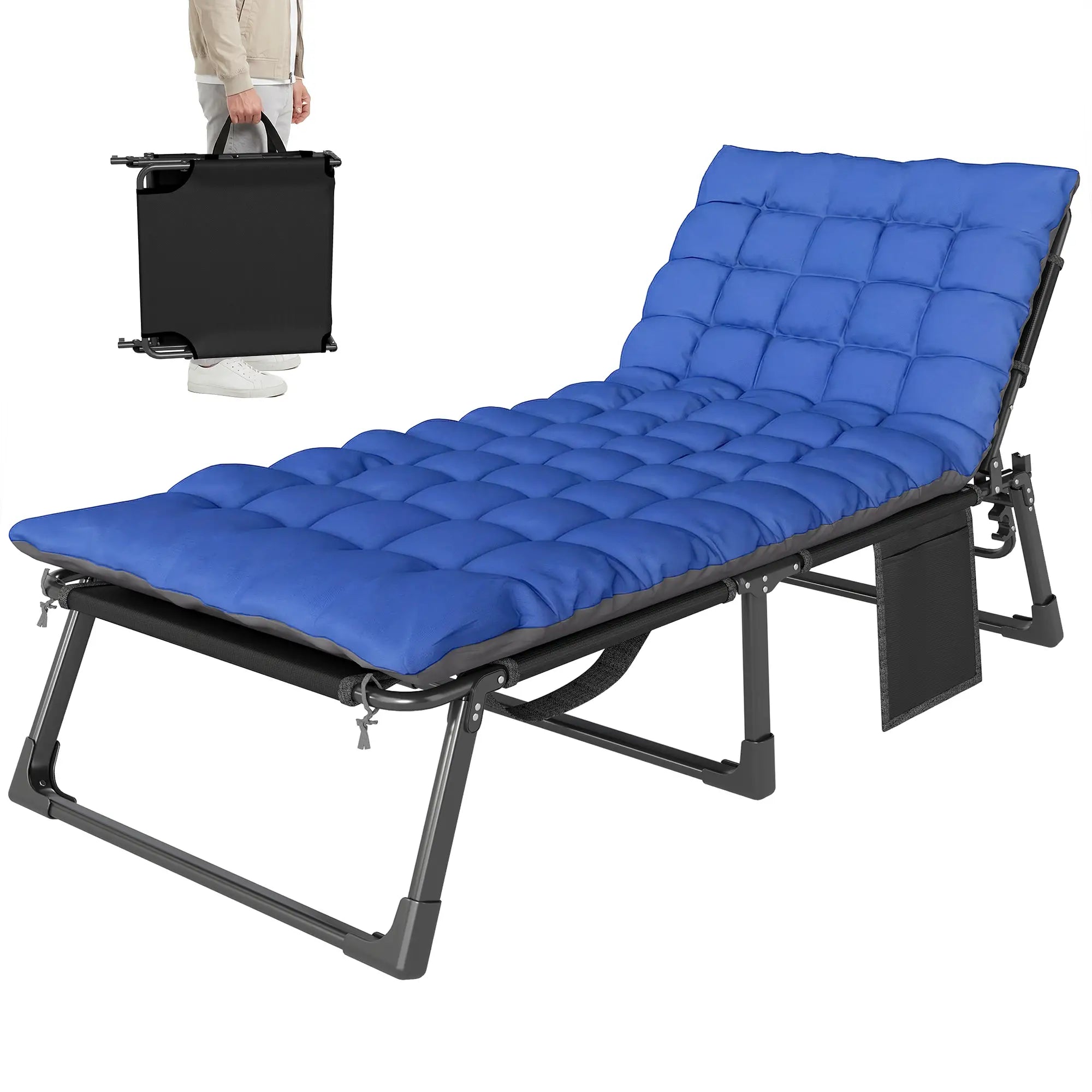 75 cm Wide Folding Chaise Lounge Chair, Outdoor Tanning Chair, Camping Cot, Grey/Blue Lounger Chairs at Gallery Canada
