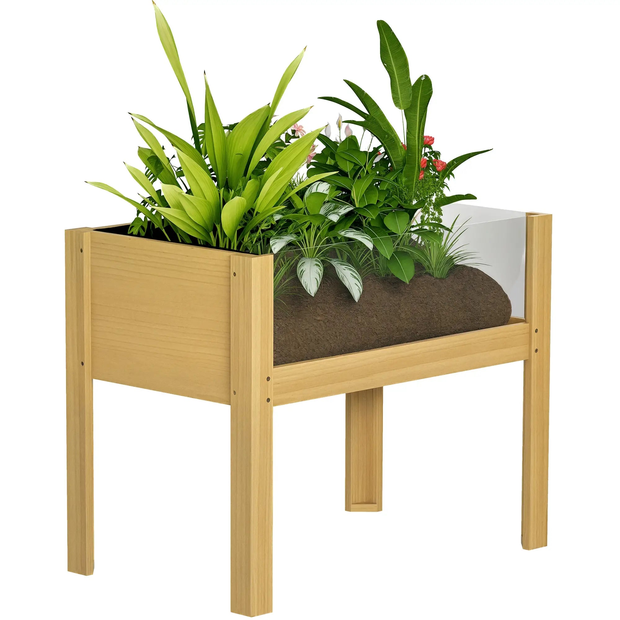 Wooden Raised Garden Bed, Acrylic Panels, Drainage Holes, 29.5