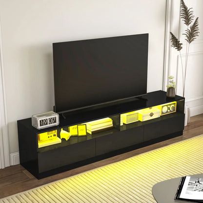 LED Lighted TV Stand for 75", Storage Drawers, High Gloss Black, Black TV Stands at Gallery Canada