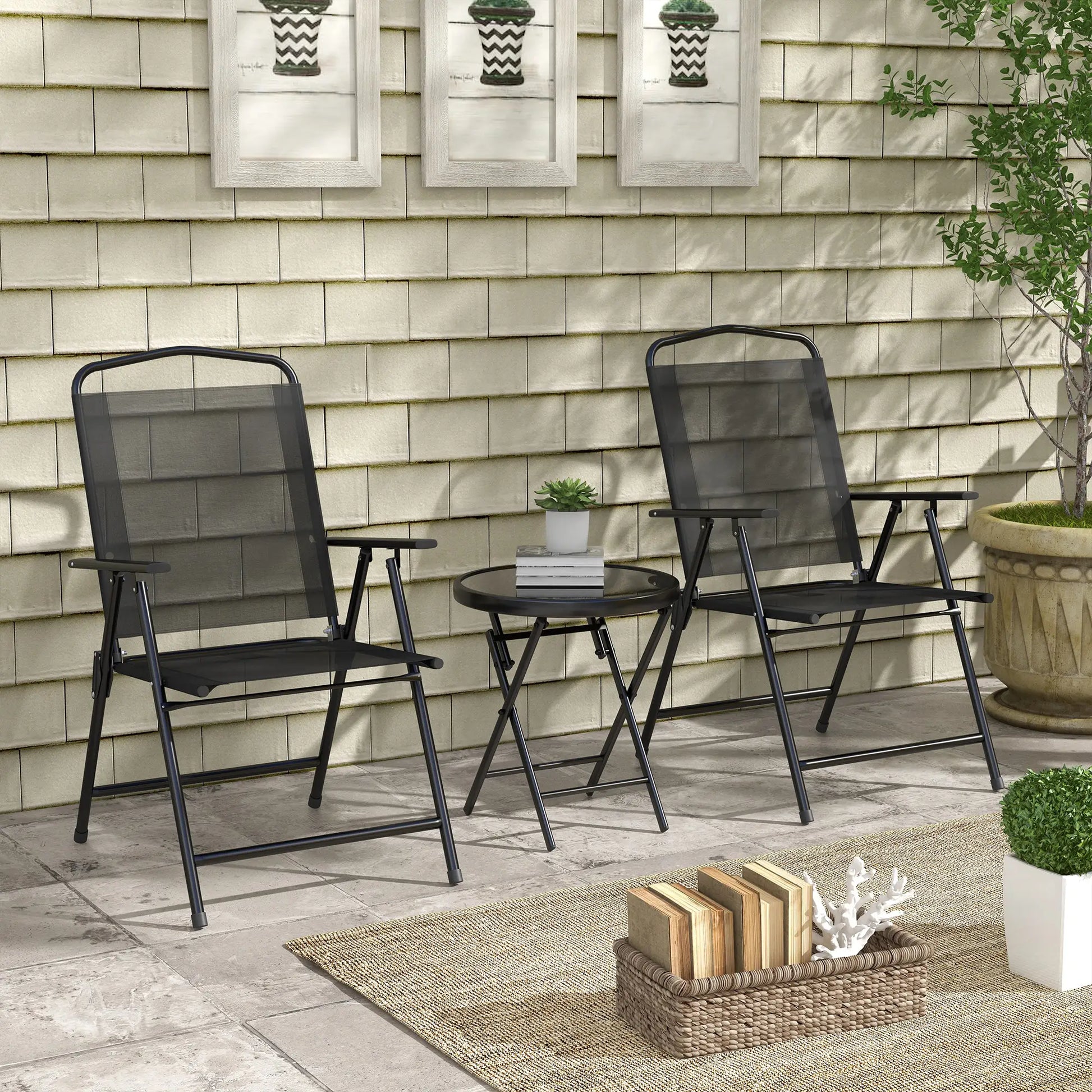 3-Piece Bistro Set, Foldable Patio Furniture, Mesh Chairs, Glass Table, Black Bistro Sets at Gallery Canada