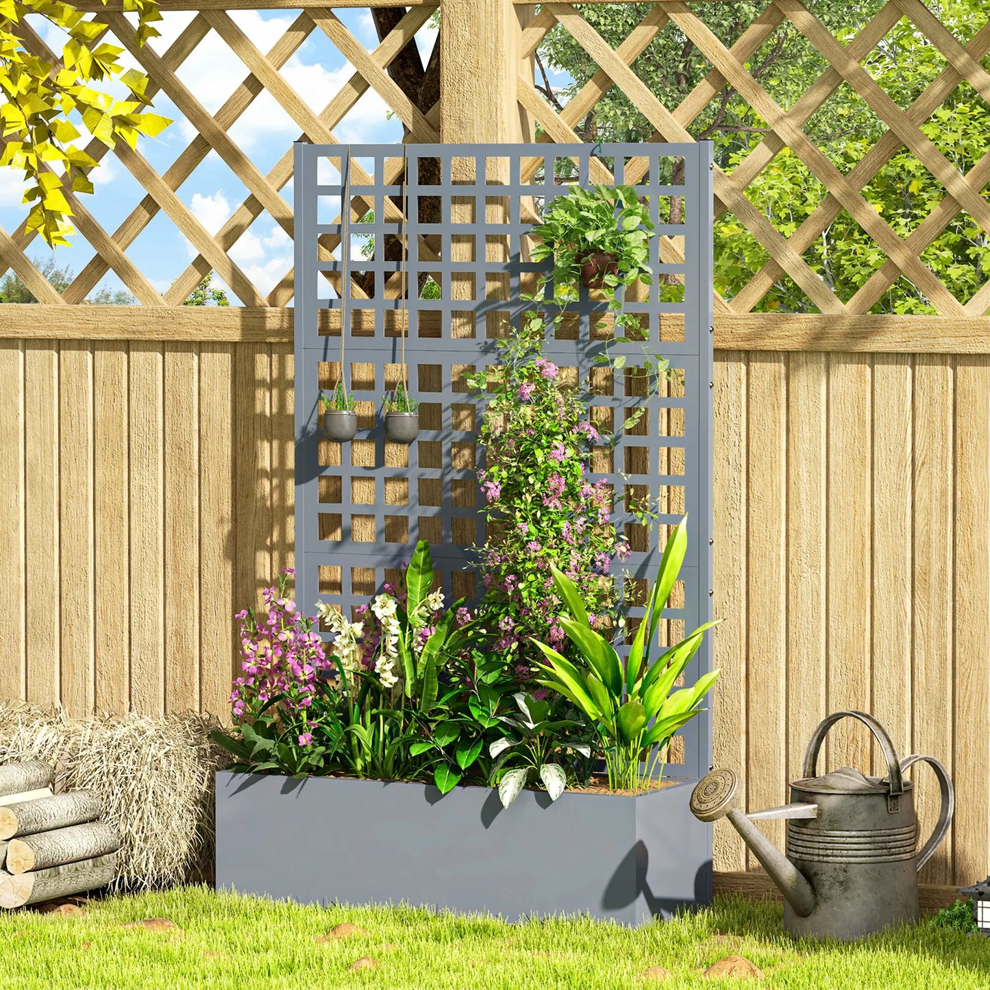 Galvanized Raised Garden Bed Planter Box With Trellis, 43"x16"x70", Grey Wood Effect, Grey