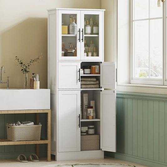 67" Tall Bathroom Storage Cabinet, Glass Doors, Adjustable Shelves, White Bathroom Cabinets White at Gallery Canada