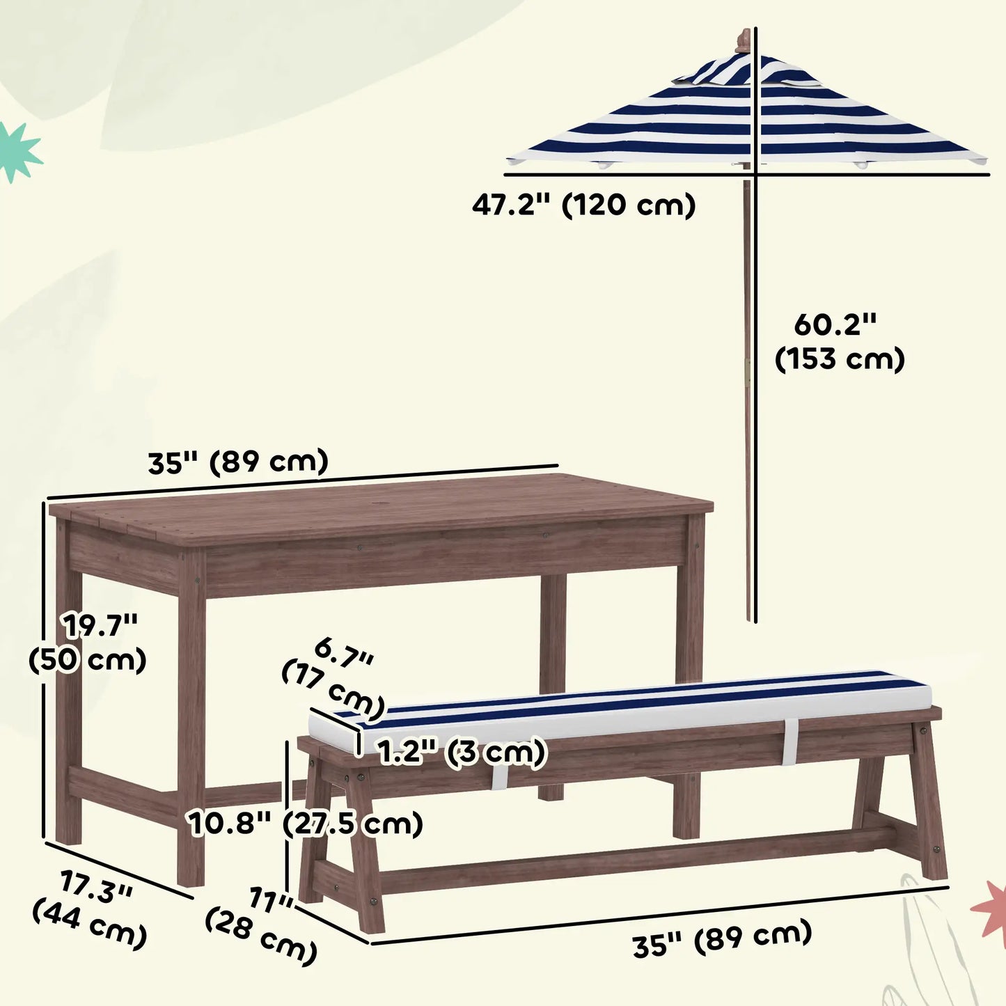 Kids Picnic Table Bench Set with Umbrella, Cushions, Navy Blue Kids Outdoor Furniture at Gallery Canada