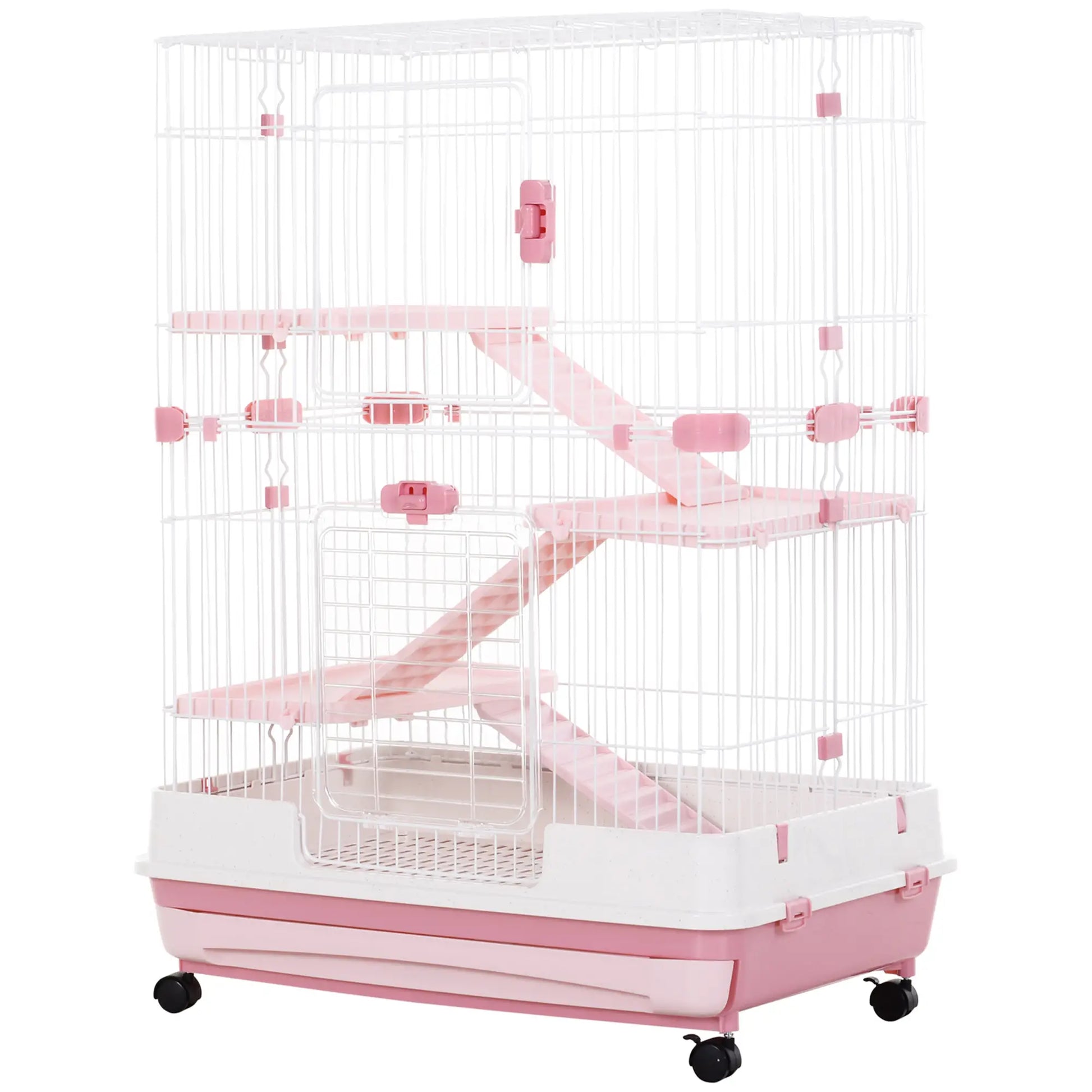 32"L 4-Level Small Animal Cage, Lockable Wheels, Slide-Out Tray, Pink Houses & Habitats Pink, White at Gallery Canada