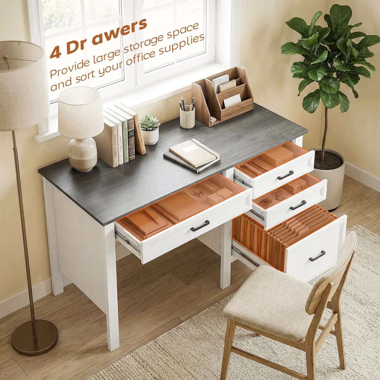 54" Farmhouse Executive Desk, Computer Desk With Drawers, White Computer Desks at Gallery Canada