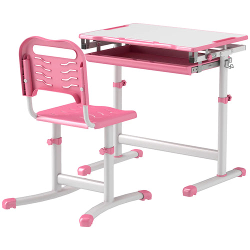 Adjustable Study Table, Chair Set with Drawer, Pink