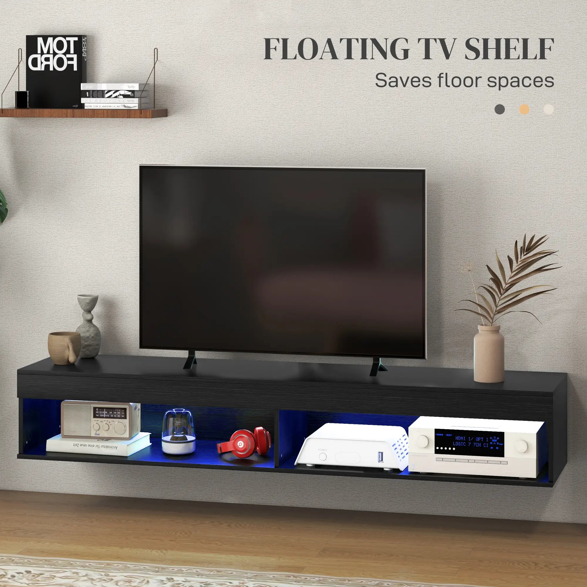 Wall Mounted TV Stand with Storage, LED Lights, 75