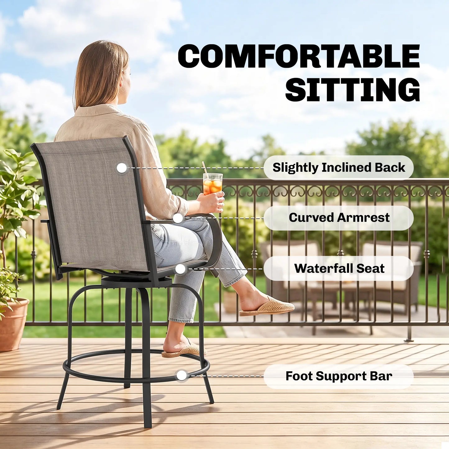 Outdoor Bar Stools Set of 2, 360° Swivel Bar Height Chairs, 26.8" x 29.5" x 48.4", Tan Bistro Sets at Gallery Canada