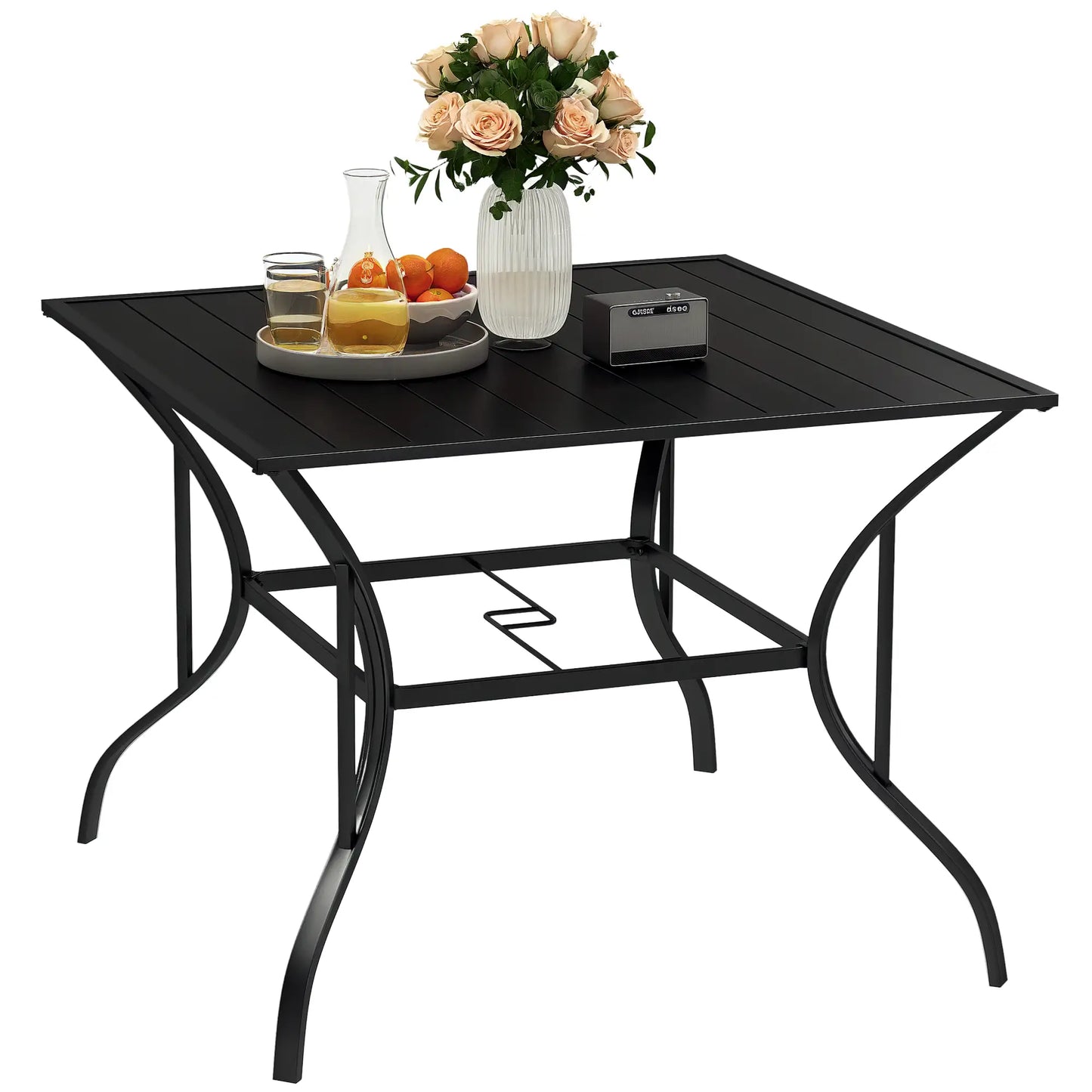 Outdoor Dining Table for Four, Square Garden Table with Slatted Metal Top, Black Patio Dinning Tables Black at Gallery Canada