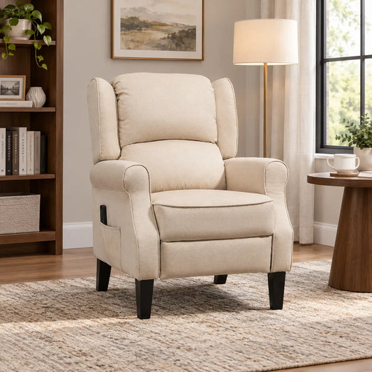 Massage Recliner Chair, Suede Wingback with Footrest, Wood Legs, Remote, Beige Single Sofas Beige at Gallery Canada