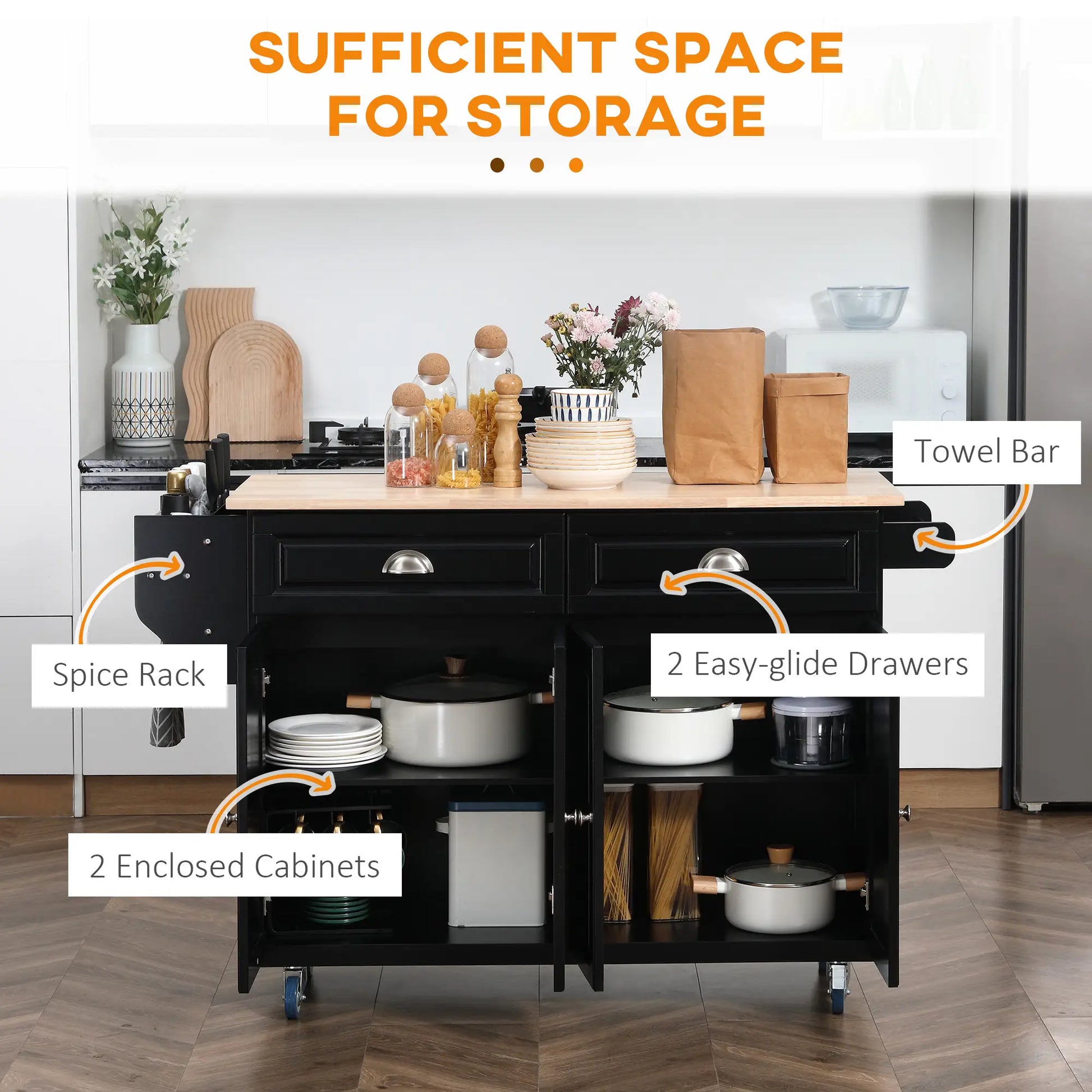 Kitchen Island with Storage, Drop Leaf, Rubber Wood Top, Black Kitchen Islands & Kitchen Carts at Gallery Canada