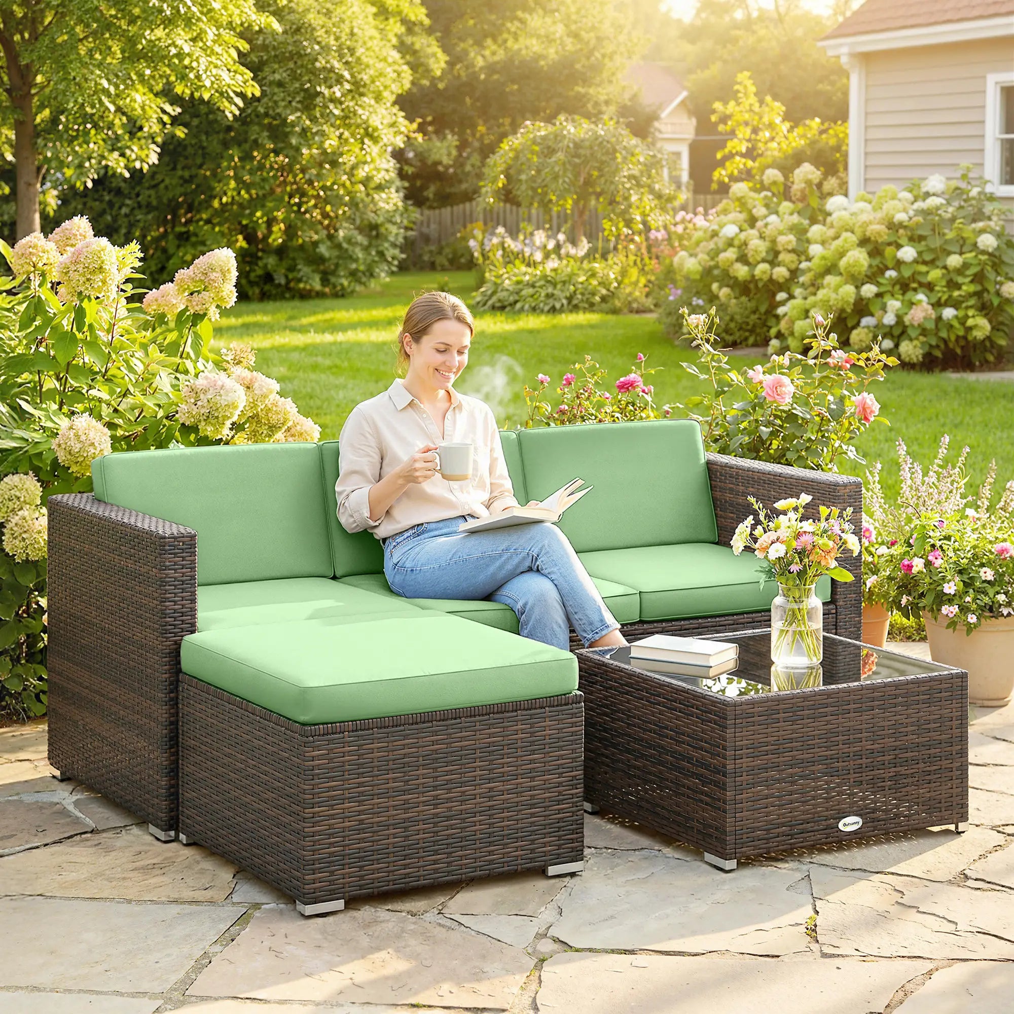 3 Piece Patio Furniture Set, PE Rattan Wicker Corner Sofa, Light Green Patio Furniture Sets at Gallery Canada