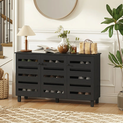 Shoe Cabinet, 3 Slatted Doors, 3-Tier, Adjustable Shelves, 15 Pairs, Black