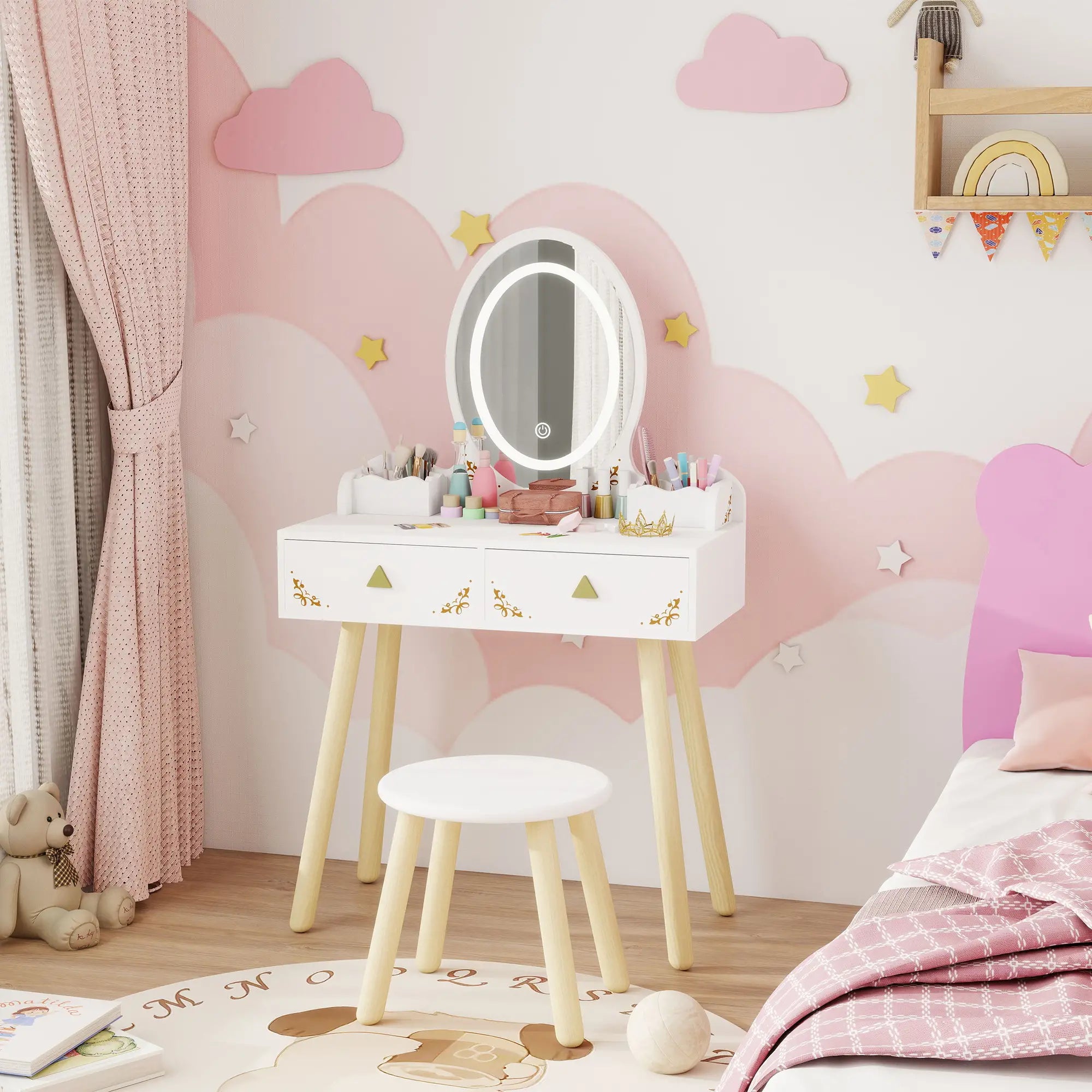 Kids Vanity Set with Mirror, Stool, 3-Color LED Lights, Pink Toy Vanity at Gallery Canada