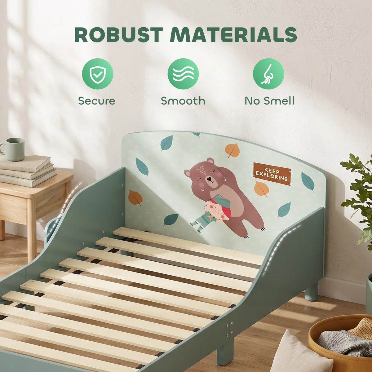 Toddler Bed with Storage, Guard Rails, 132x70x10cm, Green Bear Print