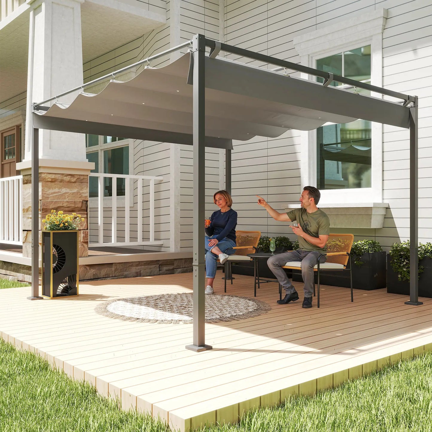 Gazebo extérieur gris 10' x 10', Toit de pergola rétractable, Kit métallique UPF30+, Gris