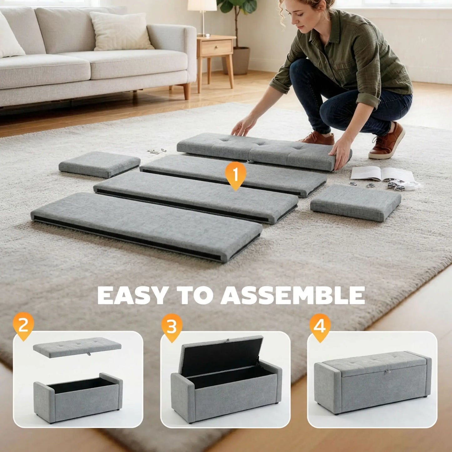 Storage Ottoman Bench, Linen Fabric, Light Grey Storage Ottomans & Benches at Gallery Canada
