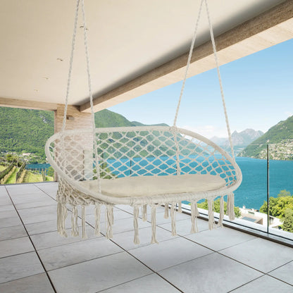 Hammock Chair, 2 Seat, Hanging Rope Swing with Cushion, Large, Cream White Patio Swings with Stand at Gallery Canada