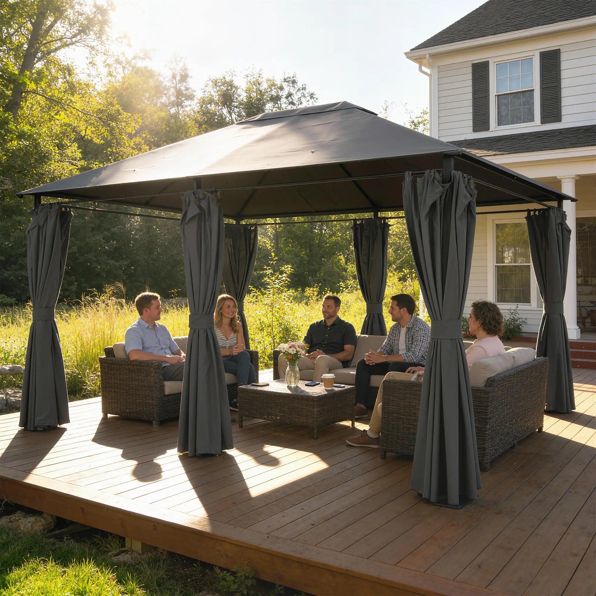 13'x10' Steel Patio Gazebo Canopy, 6 Removable Curtains, Dark Grey Gazebos at Gallery Canada