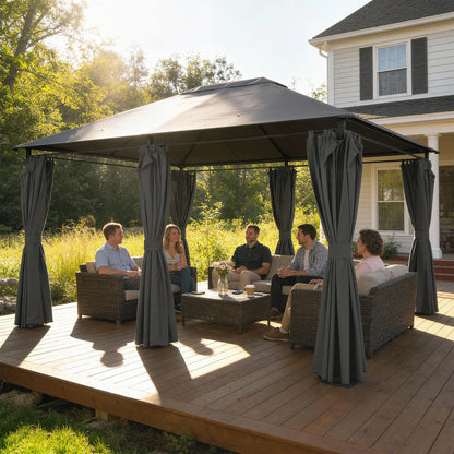 13'x10' Steel Patio Gazebo Canopy, 6 Removable Curtains, Dark Grey Gazebos at Gallery Canada
