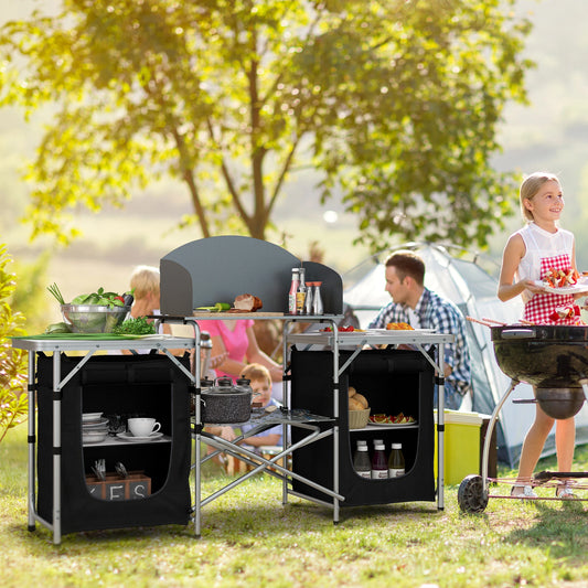 Aluminum Camping Table, Folding Kitchen with Windshield, Cupboards, Carrying Bag Picnic Tables & Camping Chairs Silver and Black at Gallery Canada
