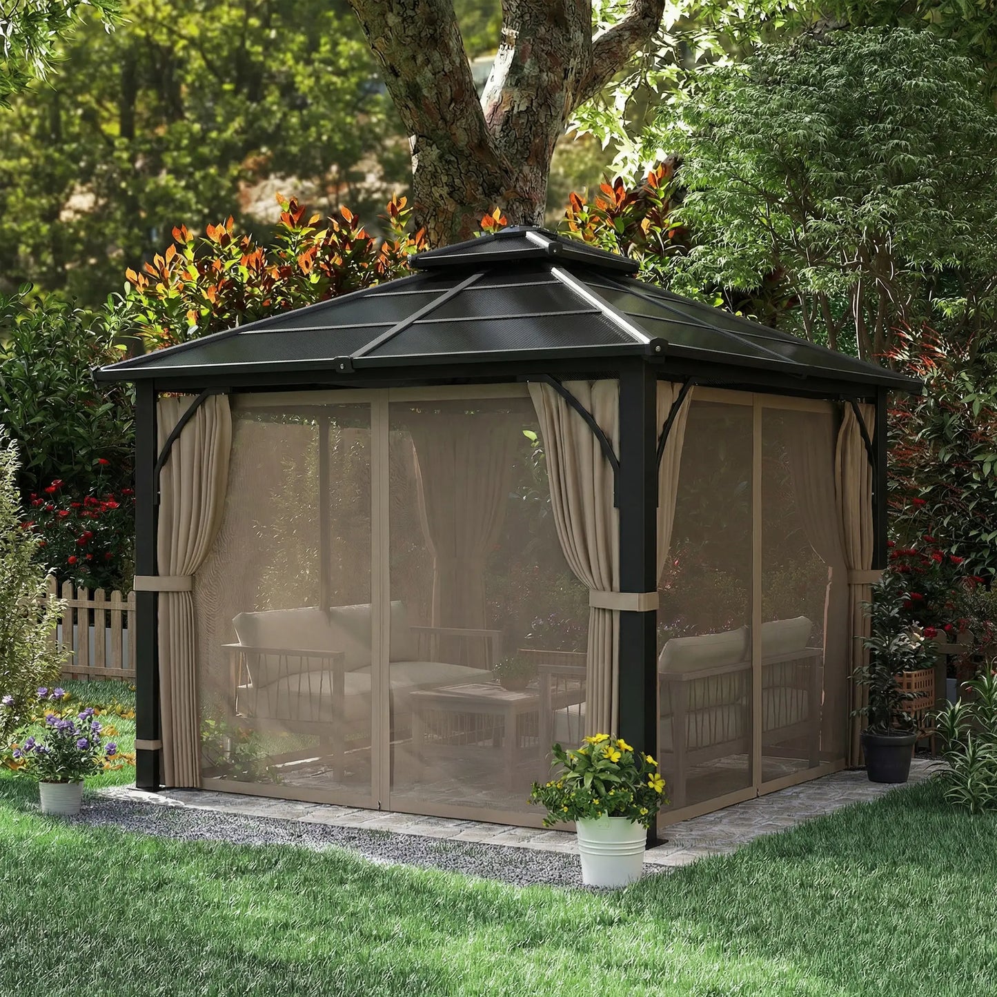 10' x 10' Hardtop Gazebo, 7mm Double Polycarbonate Roof, Netting And Curtains, Khaki Gazebos at Gallery Canada