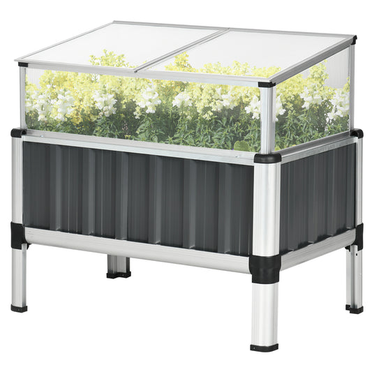 31"x20"x29" Raised Garden Bed with Greenhouse, Windows, Galvanized Steel Frame for Vegetables Flowers Herbs, Dark Grey