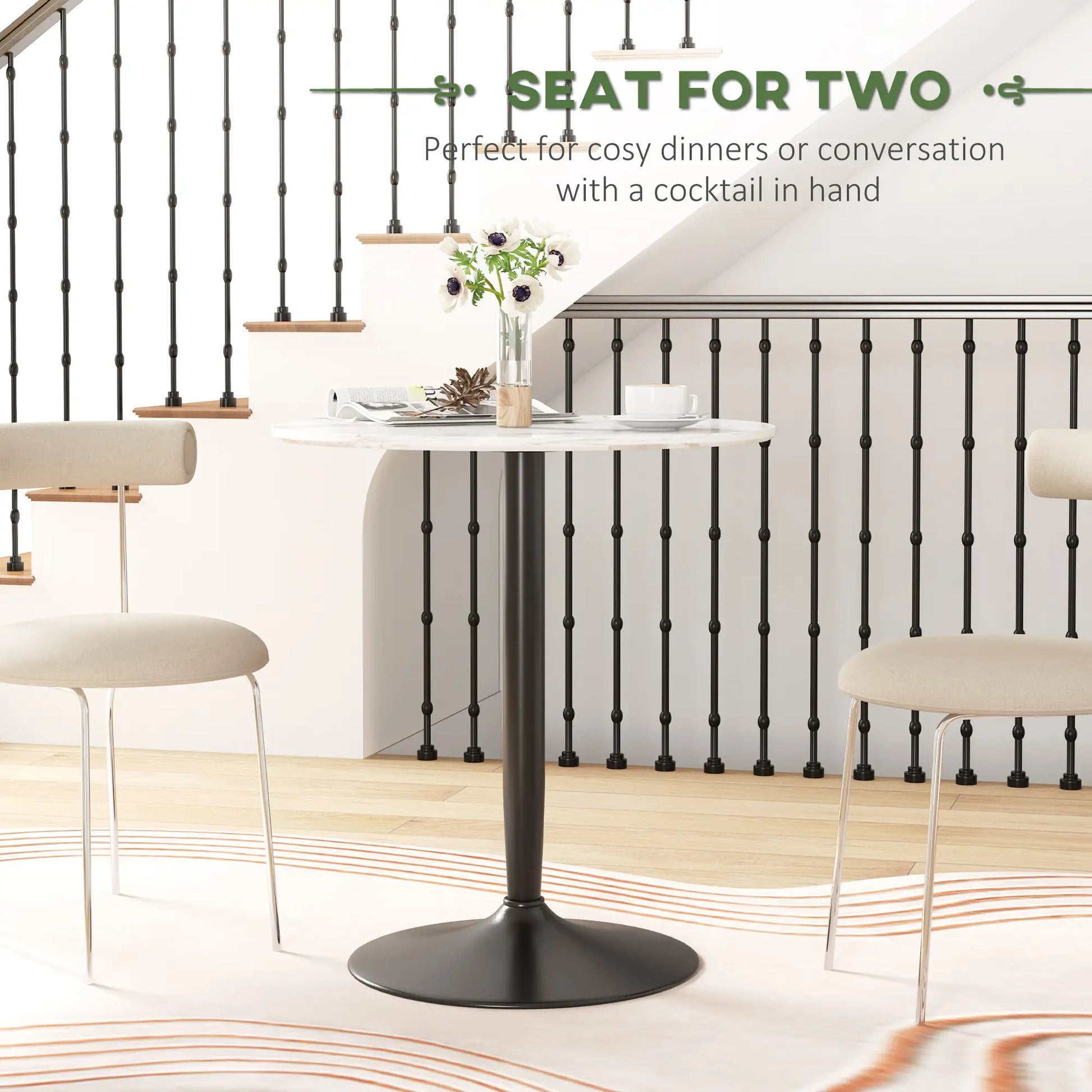 Modern Round Kitchen Table for 2, Steel Base, White Marble, White Dining Tables at Gallery Canada