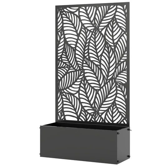 Metal Planter Box With Trellis, 44.5" Raised Garden Bed, Leaves Cut-Out Galvanized Planter Boxes Black at Gallery Canada